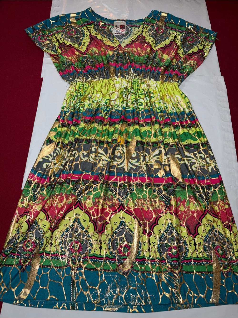 India Boutique colorful DRESS shiny GOLD Turquoise pink green geometric ornate